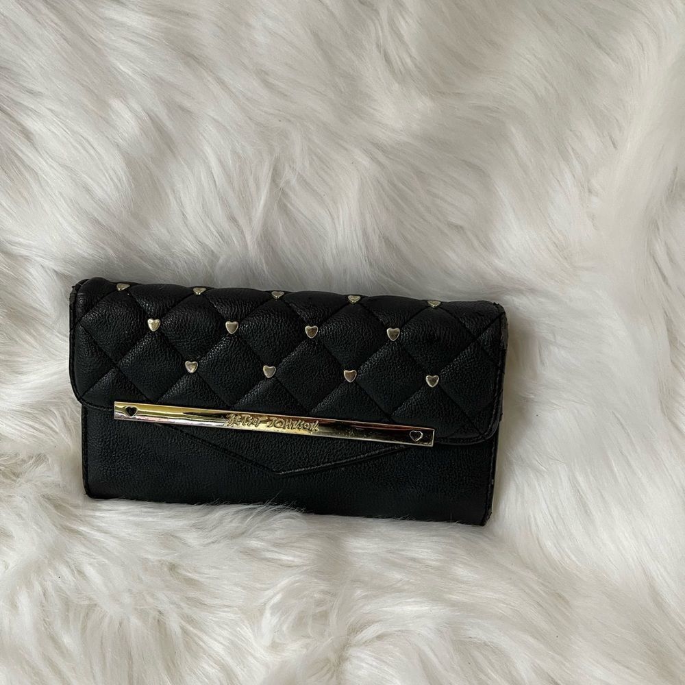 Betsey Johnson black quilted wallet with gold tone heart shape studs